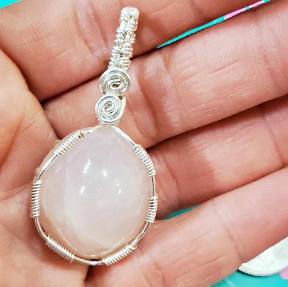 Rose quartz wire wrapped pendant with chain